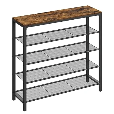 Image of VASAGLE Shoe Rack, Storage Organiser with 4 Mesh Shelves and Large Surface for Bags, Shelf Entryway, Hallway, Closet, Steel Frame, Industrial, Rustic Brown Black LBS15BX