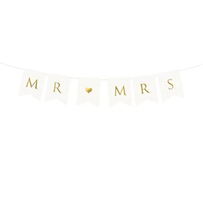 Image of PartyDeco &quot;Mr &amp; Mrs&quot; Garland Bunting Banner White and Gold Wedding Decoration, 85 cm DIY Backdrop, Perfect for Wall Hanging or Photo Backdrops