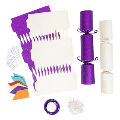 Image of evelay 12 Make Your Own Christmas Cracker Kit DIY Cream &amp; Purple Glitter Crackers Hats Snaps Jokes (Cream, Purple)