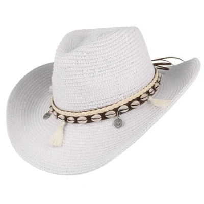 Image of GEMVIE Women&#039;s Summer Straw Cowboy Cowgirl Hat Sun Hats Wide Brim Beach Holiday with Shell Band White