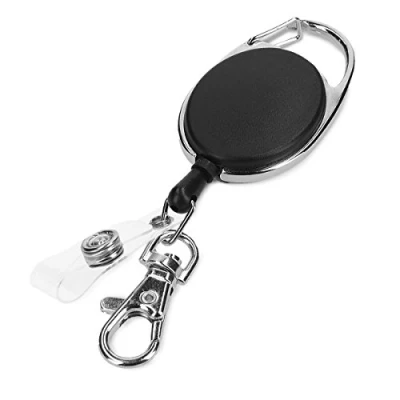 Image of kwmobile Retractable ID Badge Holder Yo Card Belt Clip with Metal Carabiner Extendable Yoyo Lanyard Keyring Pass Black