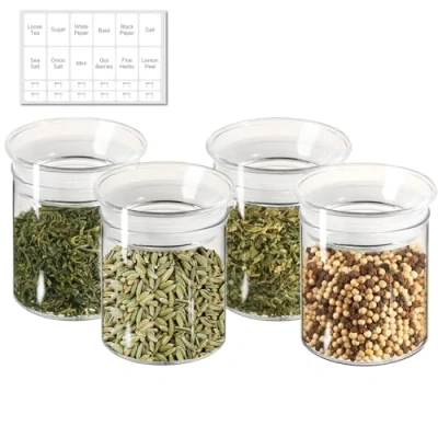 Image of ZENS 300ml Glass Jars with Sealed Lids Set of 4, Airtight Spice Storage for Herbs, Clear Kitchen Canister Jar Sets, Small Container Pantry Food Sugar Storage.