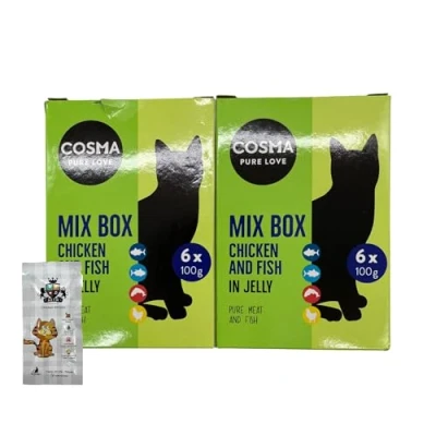 Image of AETN Creations Cosma Pure Love Original Wet Cat Food Bundle Pack Chicken and Fish in Jelly 12x100g complete with Treat