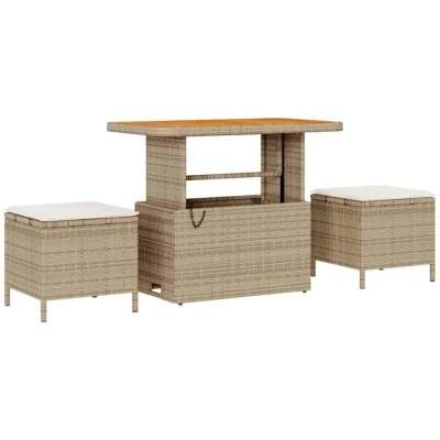 Image of vidaXL 3 Piece Garden Dining Set with Cushions Beige Poly Rattan Acacia