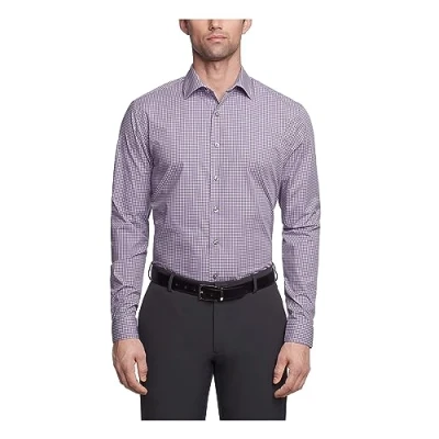 Image of Kenneth Cole Men&#039;s Dress Shirt Slim Fit Checks and Stripes (Patterned), Purple, 17&quot; 17.5&quot; Neck 34&quot; 35&quot; Sleeve