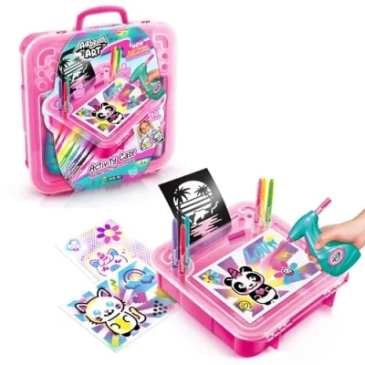 Image of Canal Toys Airbrush Activity case, Create Amazing Art with The Battery Powered Airbrush, use pens Paper and Stencils to Fun Designs, Easy Storage in Handy Carry Pink