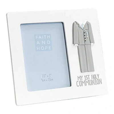 Image of White Resin 3.5&#039;x 5&#039; Photo Frame with Suit Icon First Holy Communion