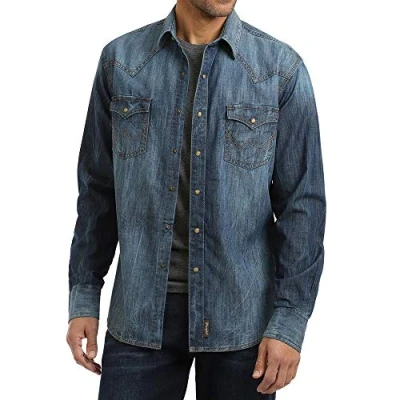 Image of Wrangler Men&#039;s Big &amp; Tall Retro Two Pocket Long Sleeve Snap Shirt, Blue Denim, XXXL