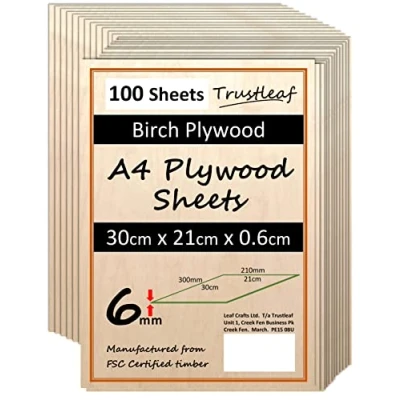 Image of 6mm Birch Plywood A4 300x210x (Pack of 100) Laserable Low Fume E1 Glue Ply.