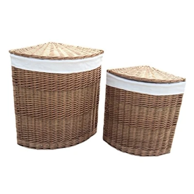 Image of Red Hamper Set of 2 Light Steamed Corner Laundry Baskets with White Lining, Wicker, 60 x 46 cm