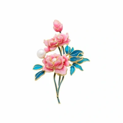 Image of Crystal Peony Flower Brooch Pearl Enamel Lapel Pin Cloisonne Rhinestone Faux Corsage Suit Skirt Coat Badge Accessories for Women (Blue)
