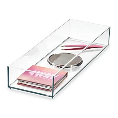 Image of iDesign Drawer Signature Series by Sarah Tanno, Long Plastic PET Organiser, Makeup Storage Tray, Clear/Matte White, 10.2 x 30.5 5 cm