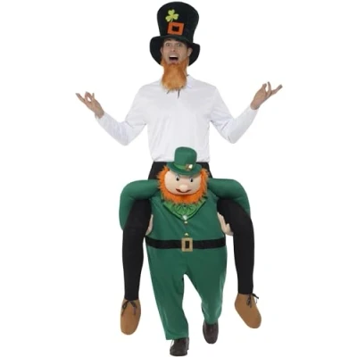 Image of Smiffys Piggyback Paddy&#039;s Leprechaun Costume, Green One Piece Suit with Mock Legs, St Patricks&#039; Day Fancy Dress, Adult Dress Up Costumes