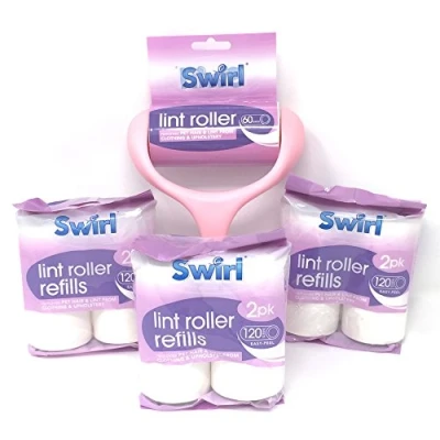 Image of Swirl Lint Roller + 6 refills. 60 Sheets per roll. Easy to use roller. Removes Pet Hair, Dust, Dirt, Fluff from clothes, upholstery, curtains and car seats.