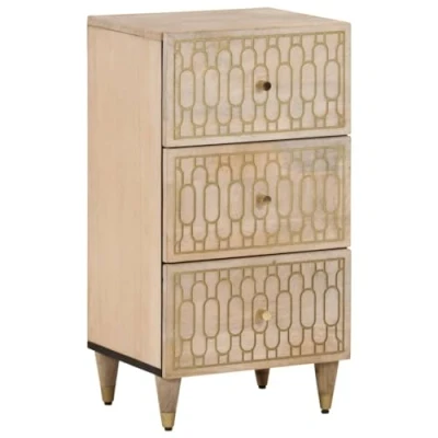 Image of vidaXL Side Cabinet 40x33x75cm in Solid Mango Wood with Hand Carved Pattern, Ample Storage, Brown, for Living Room/Bedroom