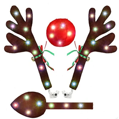 Image of Bordhap Car Reindeer Antlers,Antlers Kit with LED Lights,Reindeer Antlers,Nose,Tail,Christmas Decorations for