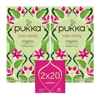 Image of Pukka Herbs Tulsi Clarity Organic Herbal Tea Green, Purple and Lemon Perfect For Focusing 2 packs 40 Sachets