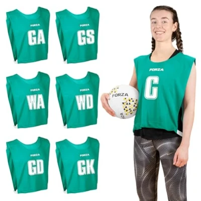 Image of FORZA Pro Netball Bibs [7 Pack] Full Player Position Bib Pack Available in 7 Colours Breathable and Comfortable for Schools &amp; Clubs (Teal, Medium)