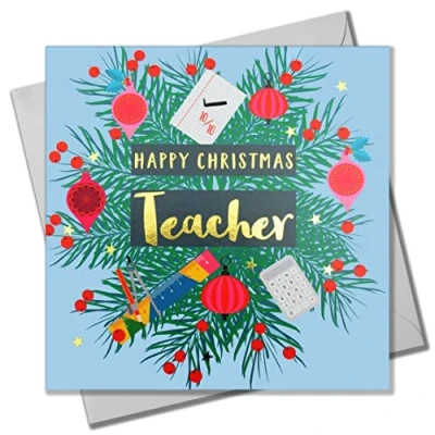 Image of Christmas Card, Teacher Wreath and Baubles, text foiled in shiny gold