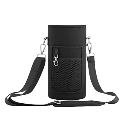 Image of kwmobile Water Bottle Carrier with Strap 68 oz (2L) Neoprene Bag Adjustable Sleeve Holder Pockets Black