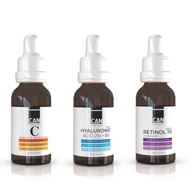 Image of ican London Anti Aging &amp; Wrinkle Facial Serum Trio Pack Vitamin C + Retinol 1% Hyaluronic Acid 30ml x 3