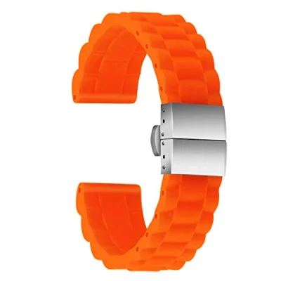 Image of ULLCHRO Silicone Watch Strap Replacement Rubber Band Waterproof Link Pattern 16mm, 18mm, 20mm, 22mm, 24mm Bracelet with Stainless Steel Deployment Buckle (20mm, Orange)
