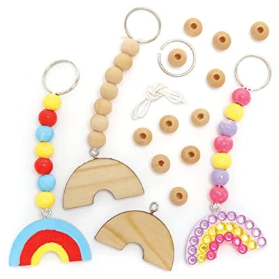 Image of Baker Ross FE126 Rainbow Wooden Keyring and Bag Dangler Kits Pack of 5, Key Chain for Kids, Make Your Own Keyrings, Making Kit Children