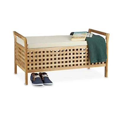Image of Relaxdays Walnut Storage Bench 46.5 x 92.6 49 cm Wooden Ottoman with Cushioned Seat, Hallway Furniture Bench, Natural Brown &amp; White