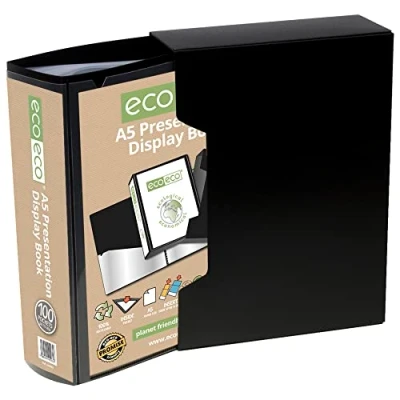 Image of eco A5 Size 50% Recycled 100 Pocket Black Presentation Display Book, Storage Case Portfolio Art Folder with Plastic Sleeves Box