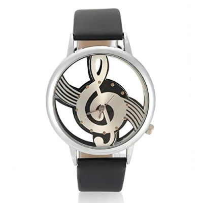 Image of FILFEEL Watches for Men, Quartz Analog Couple Watch Round Hollow Musical Note Dial PU Strap Wristwatch (Black)
