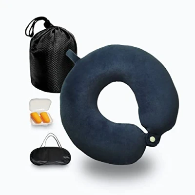 Image of NavoX Travel Pillow Memory Foam Neck for w/sleep mask/Earplug/Pouch, Support Quick Pack Lightweight Camping, Car, Airplane/Blue