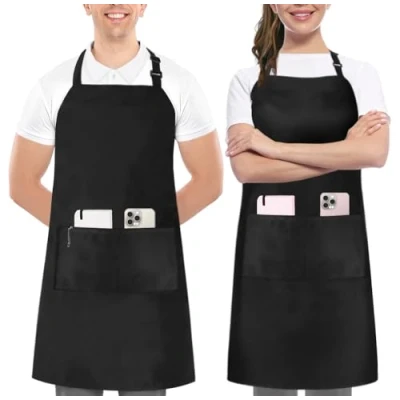 Image of Utopia Kitchen 2 Pack Adjustable Bib Apron with Pockets Waterdrop Resistant Cooking for Men, Women Long Ties (Black)