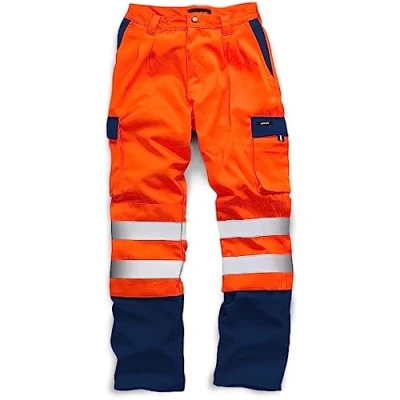 Image of DURUS WORKWEAR Mens Hi Vis Viz Plain &amp; 2 Tone Polycotton Safety Work Trousers EN471 Class 1 Orange/Navy