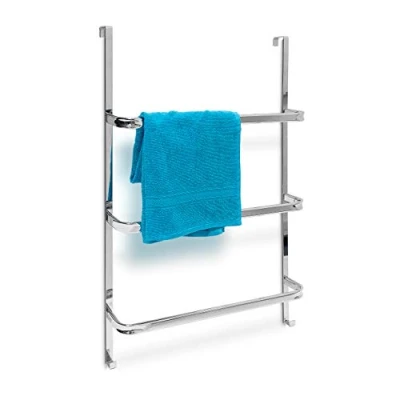 Image of Relaxdays Towel Holder with 3 Rails: 85 x 54 11 cm Stainless Steel for All Standard Size Doors no Drilling, Chrome Finish w/ 2 Hooks, Modern Bathroom &amp; Kitchen Style, Metallic Silver