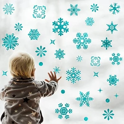 Image of Fassory 93 Pcs Glittering Blue Snowflake Window Stickers, Reusable Christmas Static Cling Stickers Decals (Blue)