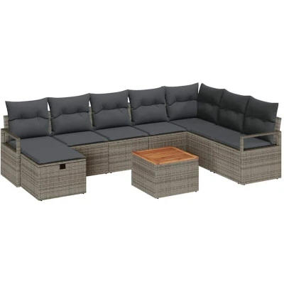 Image of vidaXL 9 Piece Garden Sofa Set with Cushions Grey Poly Rattan