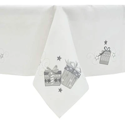 Image of Mr Crimbo Christmas Tablecloth White Polyester Fabric Silver Embroidered Presents 52 x 90