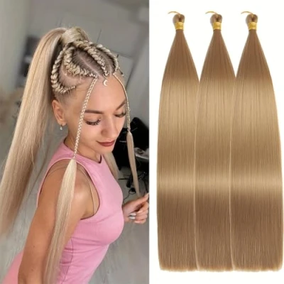 Image of Locescsoc 24 Inch Straight Hair Extensions 150g 3 Packs Bone Braiding Hair, Blond Ariel Ponytail Bundles, Ombre Soft Synthetic Crochet Box Braids for Women(27#)