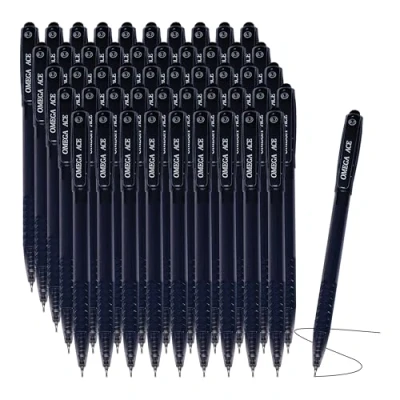 Image of OMEGA Ace Retractable Ballpoint Pens, BLACK, Fine Point (0.7 mm), Pack of 50, Smooth Ball Click Mechanism, School Office Home Everyday Use