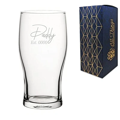 Image of Personalised Engraved Tulip Pint Glass, Daddy Est. Date Design, Personalise with Any Date, Perfect for Father