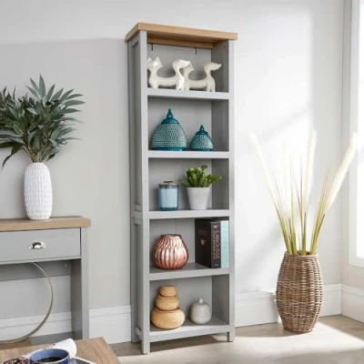 Image of Home Source Oak Tall Bookcase Display Unit 5 Bookshelves DVD Storage, MDF, Grey, Shelf