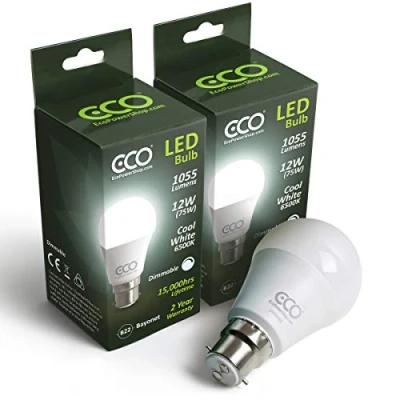 Image of ECO 2 x Dimmable Pin B22 Bayonet Light Bulb, 12W LED Energy Saving 75W Equivalent, Frosted, Cool White (6500K), 15000Hrs Lifetime. (2 Pack)