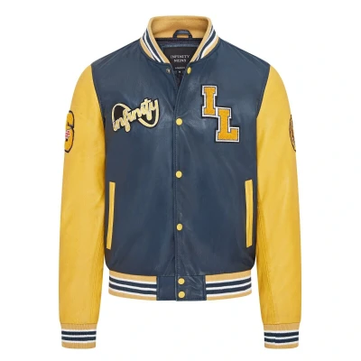 Image of Mens Baseball Blue Yellow Leather Letterman Bomber Jacket