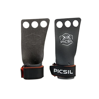 Image of PICSIL RX Grips, Synthetic Workout Durable and Ultra Resistant Carbon Fiber Hand Grips for Weightlifting &amp; Gymnastics, Blocks Tears Blisters, Made Men Women (3H Orange, L)