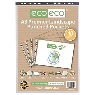 Image of eco A3 Landscape 100% Recycled Premier Multi Punched Pockets Glass Clear, Transparent Poly Wallet Sheet Protector, 90 Microns (Pack of 10)