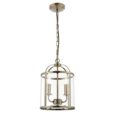 Image of 2 Light Antique Brass Hanging Hall Ceiling Lantern with Glass Panels