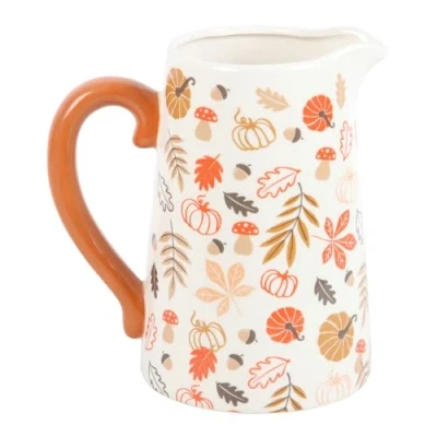 Image of Rustic Autumn Ceramic Flower Jug: Seasonal Decor with Leaf and Pumpkin Design Perfect for Harvest Themes Enhance Your Blooms!