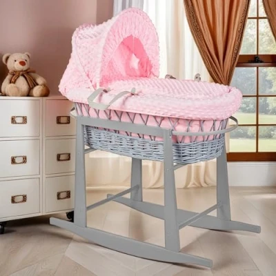 Image of BABYMAM Moses Basket Wicker Grey Rocking Stand Baby Padded Dimple Pink Bedding Full Set with Mattress