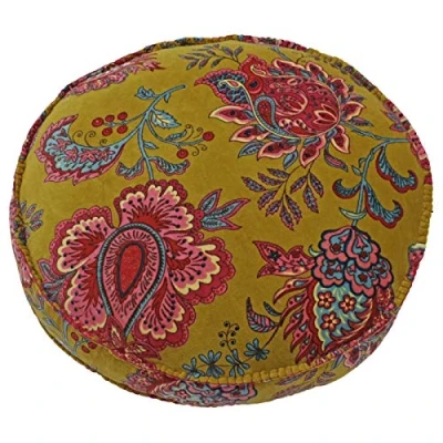 Image of Riva Paoletti Malisa Round Cushion Cover Lemon Curry Yellow Paisley Indian Print Velvet Fabric Blanked Stitched Edges Machine Washable 100% Cotton 50 x 12cm (20&quot; 20&quot; 5&quot;inches)