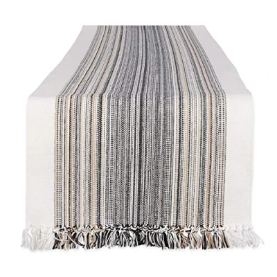 Image of DII Fringed Stripe Tabletop, Table Runner, Cotton, Black, 14x108